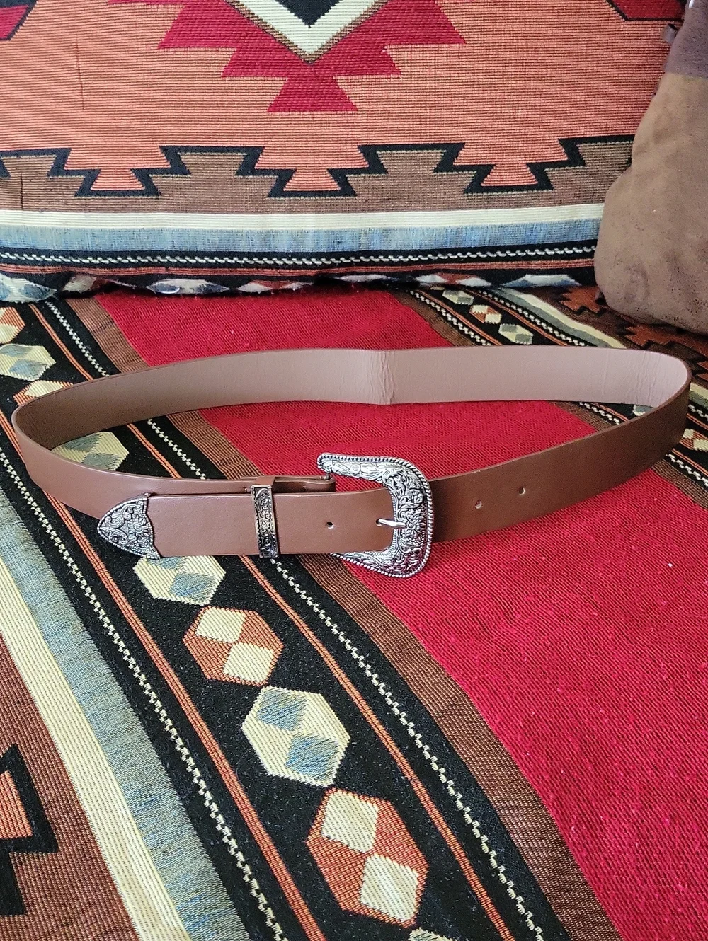 Brown Western Leather Belt with Silver Buckle